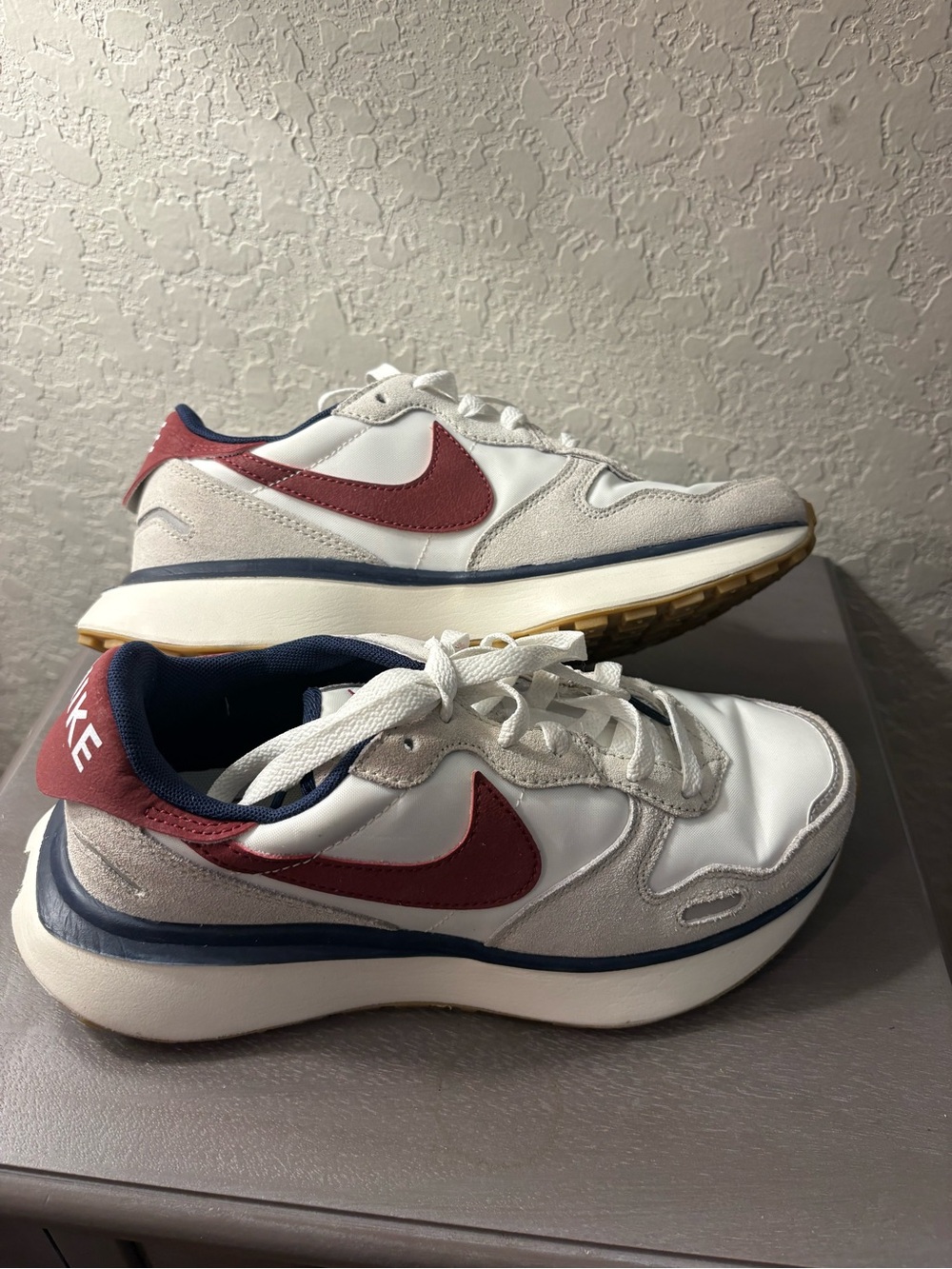 Nike Phoenix Waffle White Sneakers with Burgundy Swoosh and Navy Lining - Picture 3 of 11